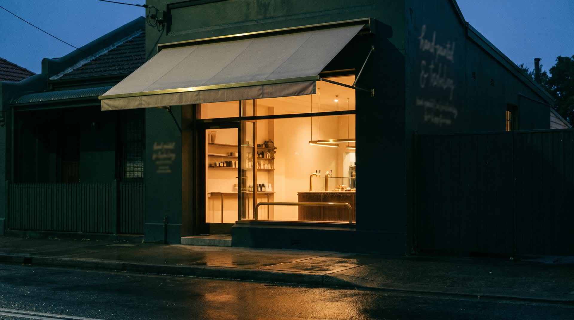 A small shopfront lit from inside at dusk